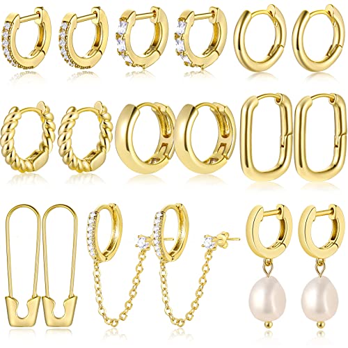 9 Pairs Small Gold Huggie Hoop Earrings for Women, 14K Gold Plated Lightweight Cartilage Earring Set, Hypoallergenic Gold Hoop Earrings for Gift