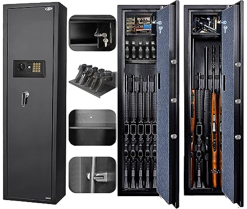 Large Rifle Safe, Long Gun Safe for Rifle Shotgun for Home, Quick Access 5-6 Gun Storage Cabinet with a Handgun Lock Box and a Removable Shelf, Silent Mode (Keyboard PIN Code)