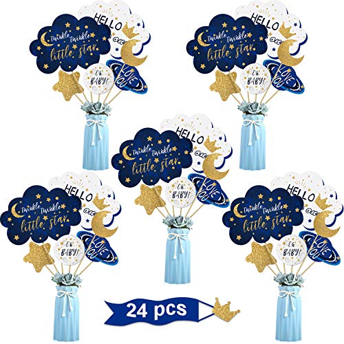 24 Pcs Twinkle Small Star Centerpiece Sticks for Star Party Table Toppers Birthday Party Decoration Moon Baby Shower Decoration Glitter Star Centerpieces Birthday Party Supplies
