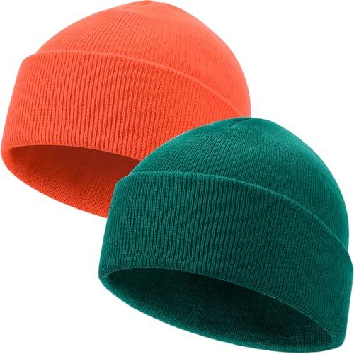 LAKIBOLE 2 Pack Beanies for Men Rib-Knit Hats for Women Spring Summer Autumn Winter Slouchy Beanie for Teenage (OrangeRed&Green)