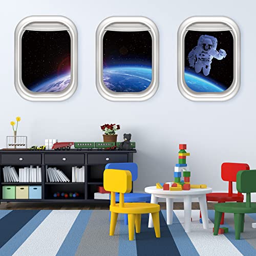 Rajahubri 3D Space Astronaut Window Wall Sticker Galaxy and Planet Fake Window Wall Decals Removable Outer Space Window View Wall Stickers Decal for Living Room