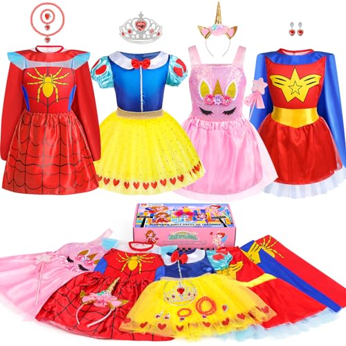 Jeowoqao Toddler Girls Dress up Costumes, Princess Dress Up Clothes for Little Girls, Kids Dress Up Pretend Play Set with Supergirl Unicorn Spider Costumes Toy Gift for Girls Ages 3-6 Years