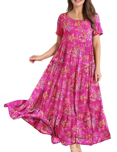 YESNO Women Casual Loose Bohemian Floral Dress with Pockets Short Sleeve Long Maxi Summer Beach Swing Dress M EJF CR26 Pink