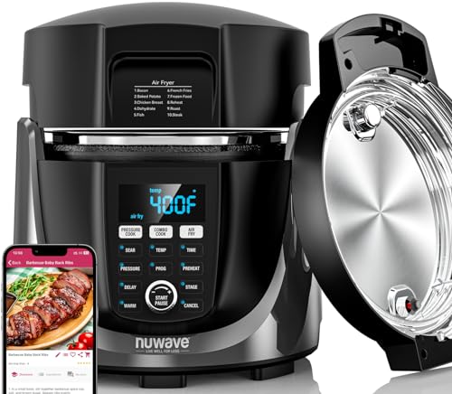 NuWave Duet Air Fryer & Electric Pressure Cooker, 540-in-1 Highly Programmable One-Touch Cooker, 105kPa, Crisp&Tender Flavor Combo For Food, 18/10 SS Pot w/t Sure Lock Safety Sym, Lifetime CS Support