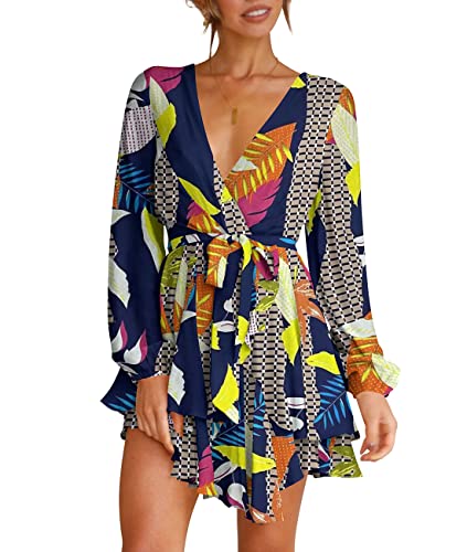 Womens Mini Dress Deep V-Neck Bishop Sleeve Printed Party Dresses Navy M