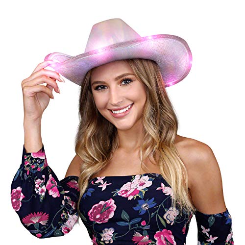 FlashingBlinkyLights Light Up Iridescent Pink Space Cowgirl Hat, Light Up Cowboy Hat with Pink LEDs