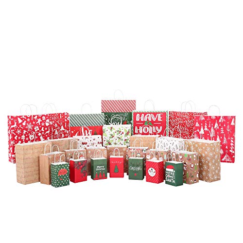 Sattiyrch Christmas Gift Bags 28 Count,Xmas Holidays Kraft Gift Bag Assorted Sizes,7 Jumbo, 7 Large, 7 Medium, 7 Small