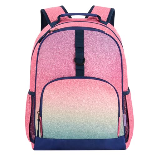 Choco Mocha Glitter Backpack for Girls Backpack Elementary School Backpack Kids 17 inch Kindergarten Backpack for Girls 1st 2nd Grade Sparkly Bookbag School Bag 6-8 5-7 with Chest Strap Pink