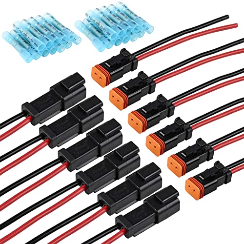 JRready 2 Pin Deutsch Connector Kit 2 Wire DT Pigtail 6 Sets ST9020, Car Waterproof Wire Connectors with 24pcs Butt Connector, 14AWG (UL 1015) Thicker Wire Harness Connector