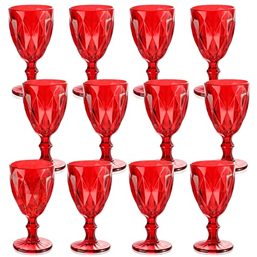 Yinder 12 Pack Glass Goblet Vintage Wine Goblet Embossed Glassware 10 oz Solid Color Glass Goblet for Iced Tea Beverage Stemmed Cups Soda Juice Water Liquor and Party Wedding Bars Restaurants (Red)