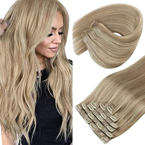 Sunny Clip in Hair Extensions Blonde Clip in Human Hair Extensions Light Blonde Highlighted Golden Blonde Clip in Hair Extensions Real Human Hair Blonde Hair Extensions 7pcs 120g 20inch