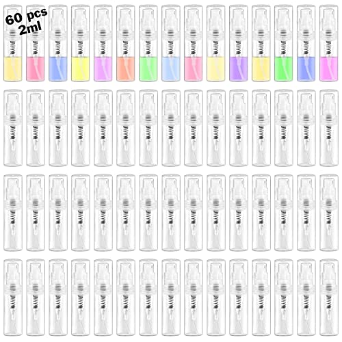 Csdtylh Mini Spray Bottle, Clear Plastic Empty Sample Containers, Fine Mist Refillable Portable Cute Perfume Mouthwash Atomizer for Cleaning, Travel, Essential Oils, Perfume (60, 2ml)