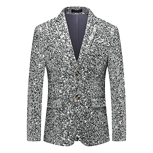 Men's Sequin Suit Jacket Fashion Notched Lapel Prom Party Casual Blazer Jacket Slim Fit One Button Sport Coat with Pcokets(Silver,3X-Large)