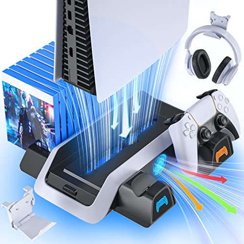 PS5 Stand and Cooling Station with Dual PS5 Controller Charging Station for Playstation 5 PS5 Console Disc/Digital Edition, PS5 Accessories, Cooling Fan, Headset Holder(Not Fit PS5 Slim Versions)