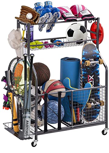 Garage Sports Equipment Storage Organizer with Wheels Baskets Hooks - Easy to Assemble - Sports Ball Gear Rack Holds Basketballs, Baseball Bats, Footballs, Tennis Rackets and More (Black Wheels)