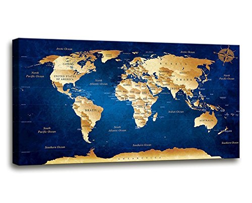 Wall Art blue map of the world Painting Ready to Hang -20' x 40' Pieces Large Framed wall art world Map Canvas Art Map wall decorations Artwork Prints for Background For Home Office Decoration.