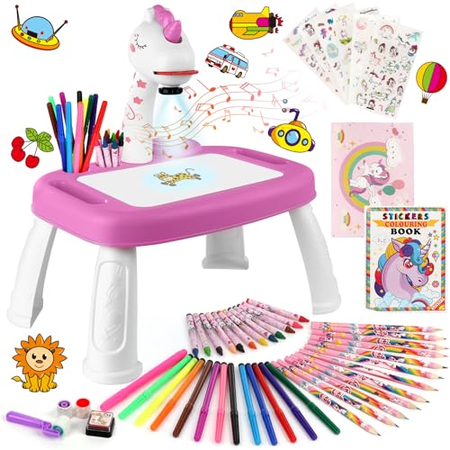 Hoarosall Drawing Projector for Kids, Drawing Board with Music, Color Pens, Pencils, Crayons, Scrapbook, sticker Book, Unicorn Stickers, Stamps, Ideal Toy for 3+ Year Old Girls & Boys (Unicorn Kit)
