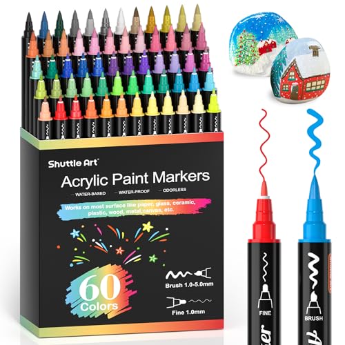 Shuttle Art 60 Colors Dual Tip Acrylic Paint Markers, Brush Tip and Fine Tip Acrylic Paint Pens for Rock Painting, Ceramic, Wood, Canvas, Plastic, Glass, Stone, Calligraphy, Card Making, DIY Crafts