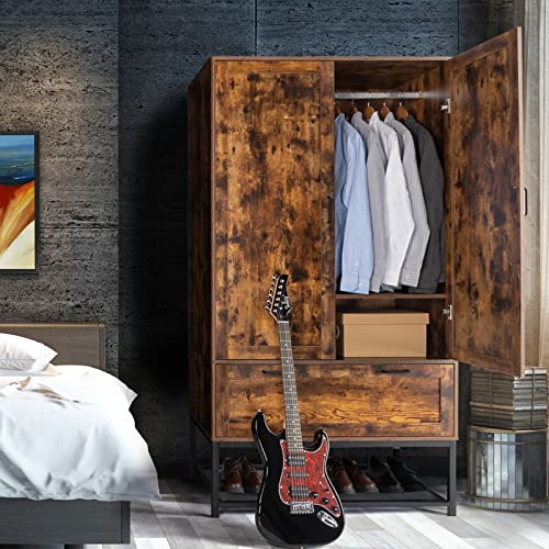 VINGLI Armoire, Wardrobe Closet with Hanging Rod, Bedroom 71' Freestanding Wardrobe Cabinet with Doors, Adjustable Shelves and Drawer, Open Compartment, Rustic Brown