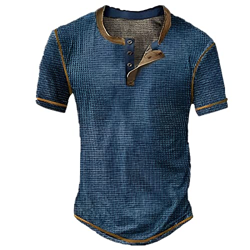 Mens Shirts Short Sleeve Henley T-Shirt, Retro Distressed Waffle Plaid V-Neck Henley Shirts Casual Muscle Tee Shirts(Navy,3X-Large)