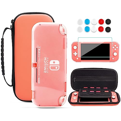 FANPL Switch Lite Accessories Bundle -Carrying Case for Nintendo Switch Lite ,witch 1 clear protector case, 1 screen protector and 10 Thumb Grip Caps（Coral Red）