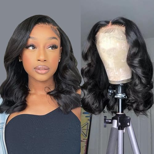 Douyin Bob Wig Human Hair 13x4 Frontal Lace Wig 14 Inch Body Wave HD Lace Front Wigs Human Hair Pre Plucked Glueless Bob Wigs for Women Human Hair Wigs Natural Black Color(14 inch, Bob Wig)
