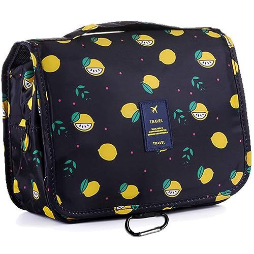 LAKIBOLE Toiletry Bag Multifunction Cosmetic Bag Portable Makeup Pouch Waterproof Travel Hanging Organizer Bag for Women Girls (Navy Blue Lemon)