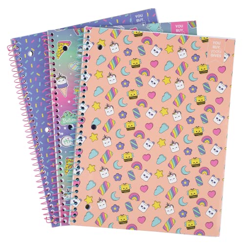 Yoobi Wide Ruled Spiral Notebook Set — 3-Pack of 1 Subject Notebooks, Sprinkles, Sweet Dreams & Marshmallow Prints — 100 Perforated 3-Hole Punched Sheets, For School, Office & Home — 10.5” x 8”