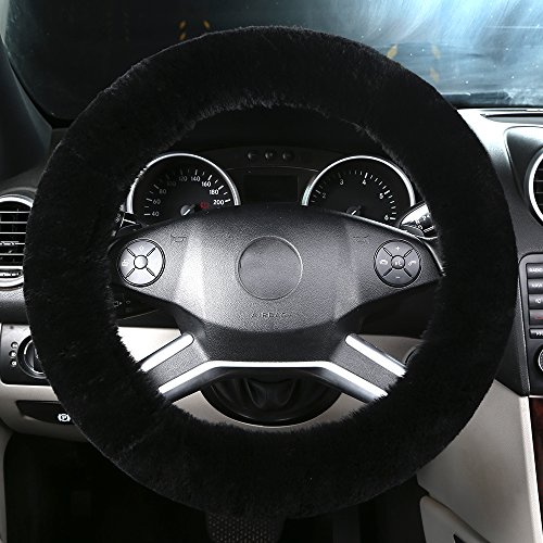 Natural Fur Wool Sheepskin Fuzzy Black car Steering Wheel Cover, Fluffy Soft Plush Protector for Universal Steering Wheel 14 1/2-15 1/2inch, Anti-Slip,Comforting and Luxurious, Soft Texture (Black)
