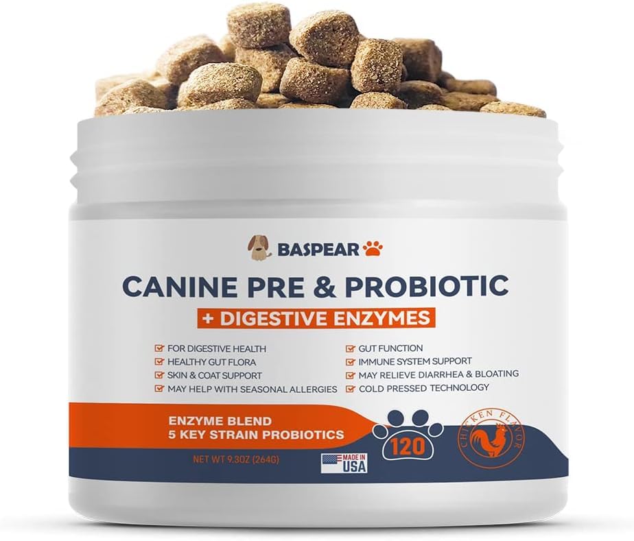 BASPEAR Probiotics for Dogs - Dog Probiotics with Prebiotics Support for Digestive Health,Gut Flora,Skin&Coat,Seasonal Allergies and Relieve Diarrhea & Bloating
