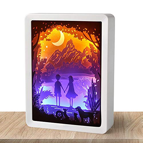 WOMHOPE Valentine's Day Gift 3D Paper Carving Night Light Shadow Box Paper Sculptures Frame Table Lamps Decorative Mood Light Desktop Lamp (Hand in Hand (White)