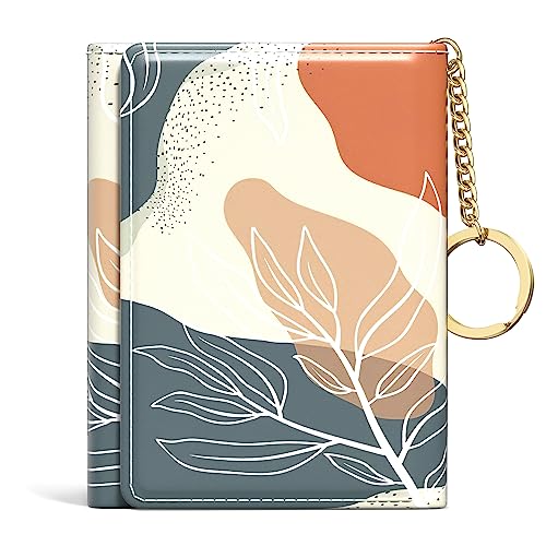 Rouidr Womens Wallet, Small Slim RFID Card Wallets for Women, Trifold Leather Card Wallet Organizer, Cute Front Pocket Wallets with 7 Card Slots & ID Window, Abstract Boho Leaves