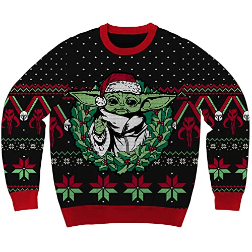 Star Wars The Mandalorian Grogu Wreath Holiday Christmas Sweater Licensed (X-Large) Black