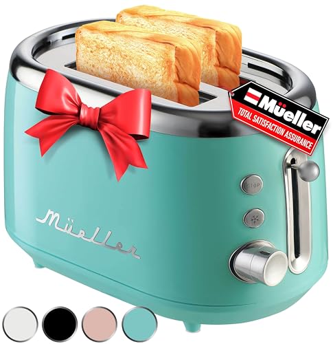 Mueller Retro Toaster 2 Slice with 7 Browning Levels and 3 Functions: Reheat, Defrost & Cancel, Stainless Steel Features, Removable Crumb Tray, Under Base Cord Storage, Turquoise