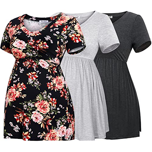 Bearsland Maternity Tops Short Sleeve V- Neck Breastfeeding Shirt Pregnancy Clothes,Deep Grey&Light Grey&Black Flower,M