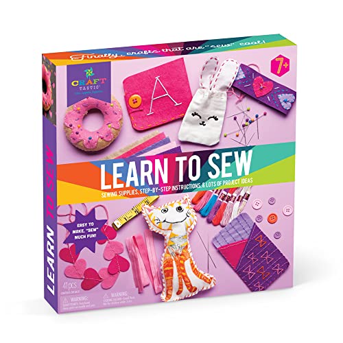 Craft-tastic Learn to Sew Kit – 7 Fun Projects and Reusable Materials to Teach Basic Sewing Stitches, Embroidery & More--Ages 7+