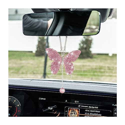 zipelo Bling Butterfly Diamond Car Accessories, Crystal Car Rear View Mirror Charms for Women, Car Decoration Lucky Gifts Hanging Interior Crystal Ornament Pendant Decor for All Cars (Pink)