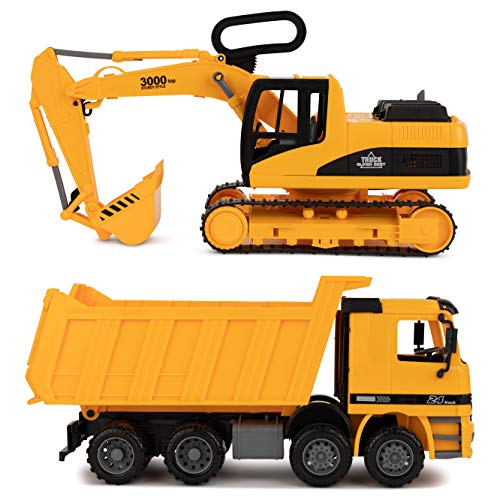Excavator & Dump Truck Toy for Kids (Set of 2) – Moveable Claw & Lifting Back – Garbage Truck & Bulldozer Digger – Construction Vehicle for Kids & Children by Toy To Enjoy