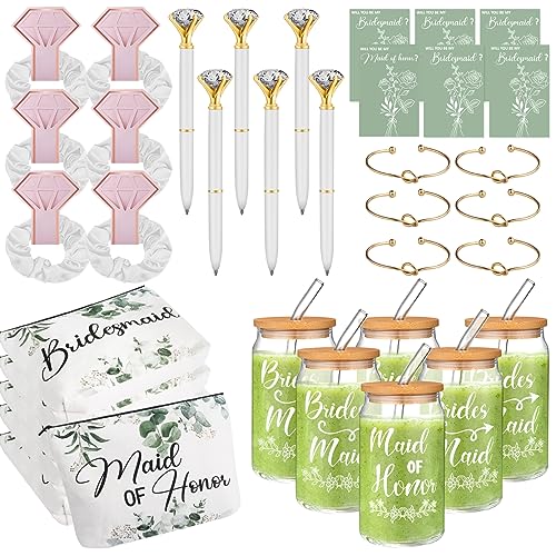 Bridesmaid Gift Set of 6 - 36 Pcs Bridesmaid Proposal Gifts from Bride for Bridal Shower - Maid of Honor Gifts for Bachelorette Engagement Party - Wedding Gifts Wine Glass Cosmetic Bags (Green)