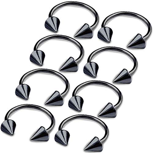 bodyjewellery 8pcs 16g Horseshoe Ring Circular Barbell Cartilage Hoop Septum Nose Lip Eyebrow Spider Bite Tragus Black Spike Ear - 12mm