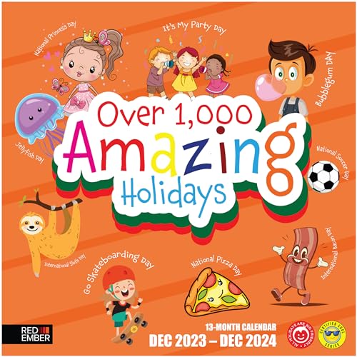 RED EMBER Over 1,000 Amazing Holidays 2024 Hangable Monthly Wall Calendar | 12' x 24' Open | Perfect for Schools Teachers Classrooms | Kids Teen Fun | Big Grid Planners for Office | It's Always Time to Celebrate