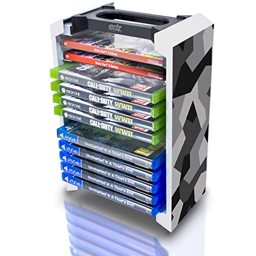 ADZ Gray Camo Game Storage Tower – Universal Video Game Organizer for PS4, PS5, Xbox, Switch and Blu-Ray – Holds 12 Disks – Ultimate Game Holder and Disc Storage Tower