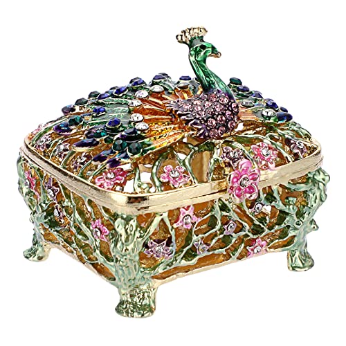 ELLDOO Mini Peacock Trinket Box, Vintage Metal Enameled Decorative Box Ring Earrings Jewelry Organizer Gift Box for Girl Women