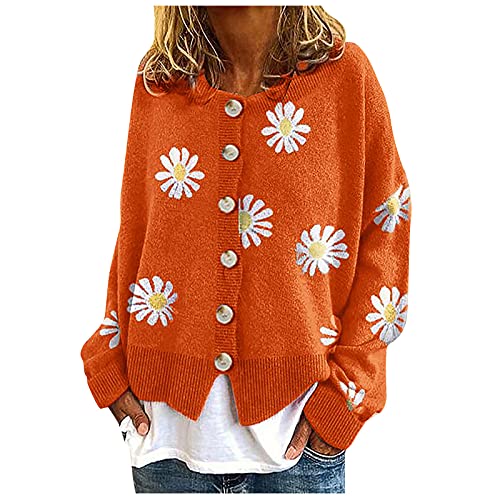 My Recent Orders Placed by Me Lightning Deals Knitted Sweater Cardigan for Women Button Up Cardigan Daisy Flower Print Sweater Long Sleeve Casual Lightweight Cardigan Orange