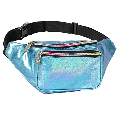Holographic Fanny Pack Belt Bag | Waterproof fanny pack for Women - Crossbody Bag Bum Bag Waist Bag Waist Pack - For Halloween costumes, Rave Fanny Pack for Hiking, Running, and travel (Blue Glitter)