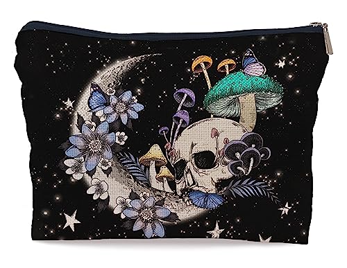 Ayxvt Gothic Hippie Skull Moon Mushroom Botanical Leaf Starry Night Cosmetic Bag Decorative Women's Makeup Bag Zipper Pouch Travel Toiletry,Gifts for Skull Lovers Women Girls