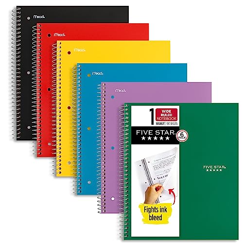 Five Star Spiral Notebooks, 6 Pack, 1 Subject, Wide Ruled Paper, Fights Ink Bleed, Water Resistant Cover, 8-1/2' x 10', 100 Sheets, Black, Red, Yellow, Purple, Green, Blue (38042)