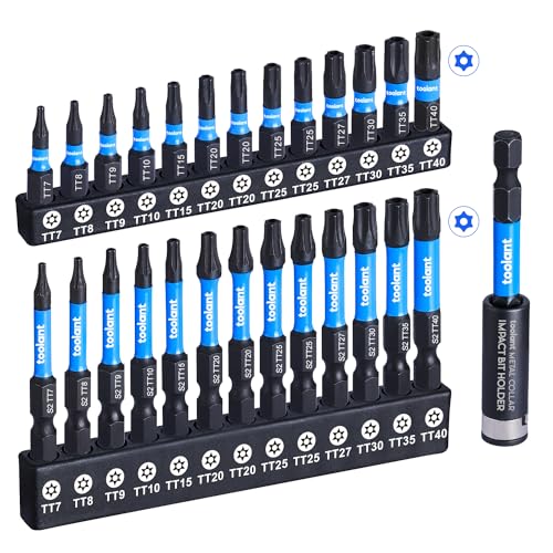 toolant Impact Torx Bit Set 27pcs (TT7-TT40), S2 Steel Security Torx Bit Set, Tamper Proof Star Bit Set with CNC Machined Tips, 1'&2' Long Impact Bits with Magnetic Bit Holder and Storage Box