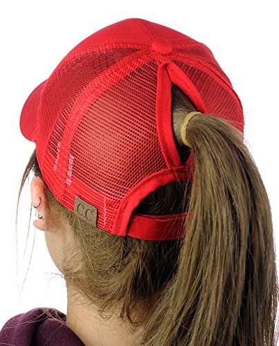 C.C Ponycap Messy High Bun Ponytail Adjustable Mesh Trucker Baseball Cap Hat, Red