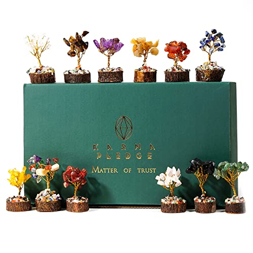 Crystal Tree Desk Decoration Hippie Decor, Tree of Life 7 Chakra Healing Crystals & Stones for Positive Energy, Good Luck, Valentines Gifts for Women, Set of 12 Handcrafted Trees for Home & Office